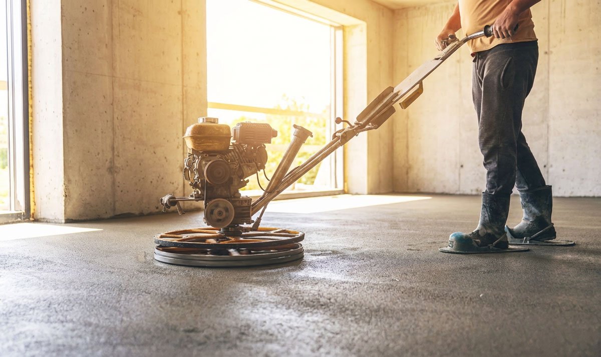 Allanadora para concreto operada manualmente alisando un piso interior para lograr un acabado liso y profesional.