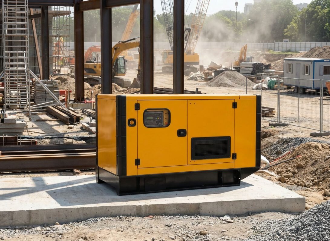 Generador eléctrico industrial amarillo en cabina insonorizada operando en una obra de construcción con maquinaria pesada y movimiento de tierra.