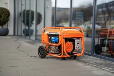 Generador eléctrico portátil naranja funcionando en exteriores junto a un edificio, ideal para aplicaciones industriales y de construcción.