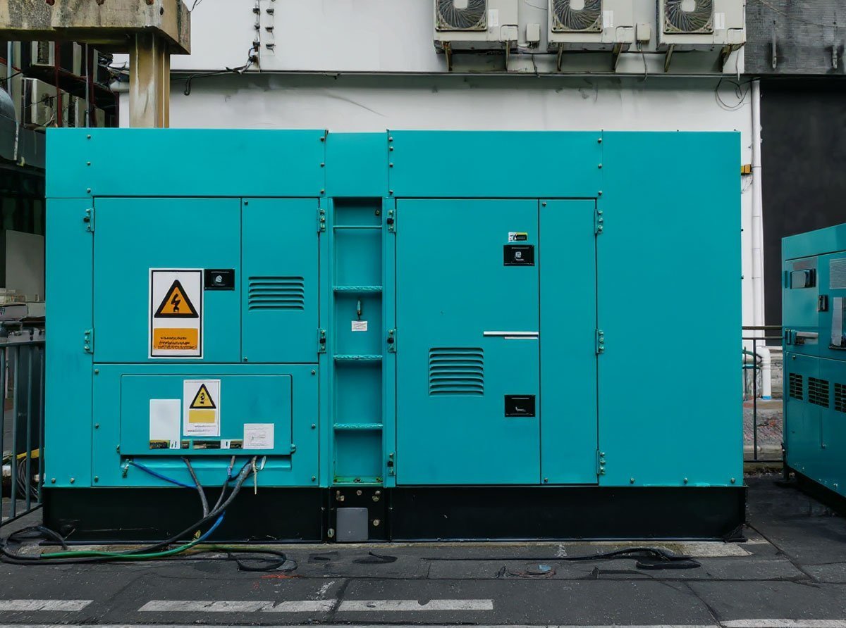 Generador eléctrico industrial en cabina insonorizada color turquesa, instalado en un sitio urbano con señalización de alto voltaje y cables de conexión.