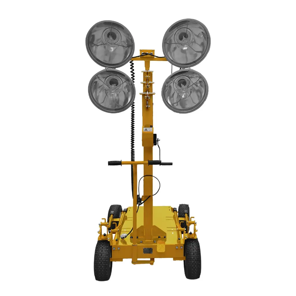 Torre de iluminación portátil y reforzada, equipada con mástil telescópico de 4.5 metros y 3 secciones. Foco haluro metálico 1000W
