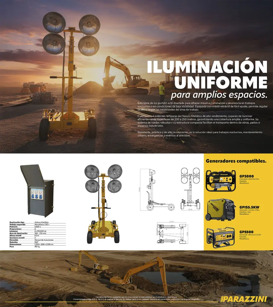 Flyer sobre Torre de iluminación portátil y reforzada, equipada con mástil telescópico de 4.5 metros y 3 secciones. Foco haluro metálico 1000W