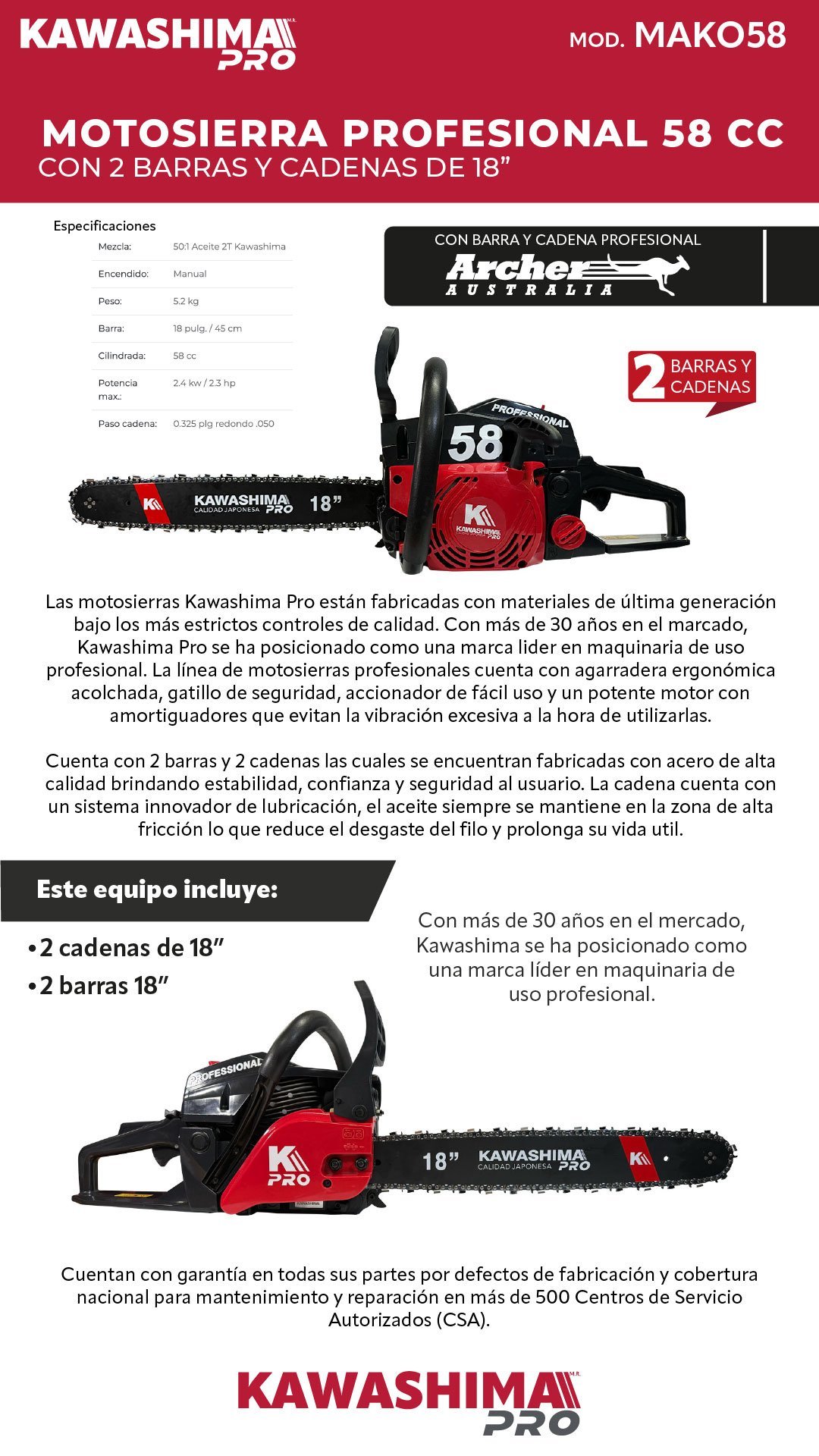 Motosierra profesional 58 cc con 2 barras y cadenas de 18 pulg (110915) - Imagen 2