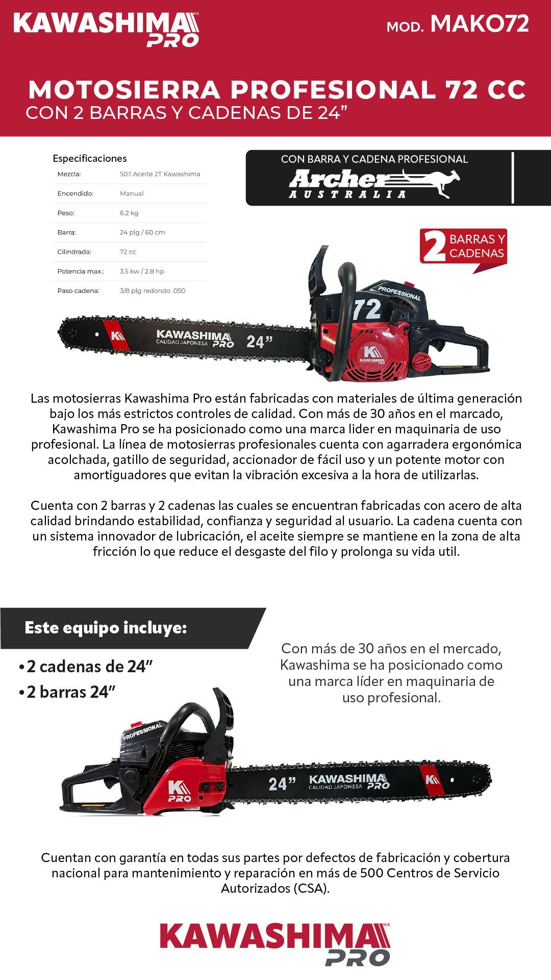 Motosierra profesional 72 cc con 2 barras, 2 cadenas de 24 pulg cont: 2 motosierras (645781180086) - Imagen 6