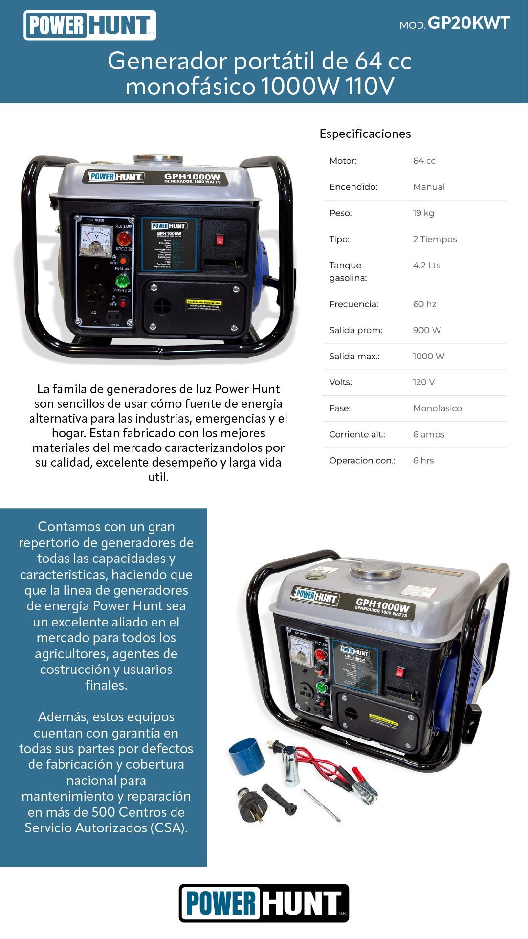 Generador portátil de 64 cc monofásico 1000W 110V (645781209237) - Imagen 2