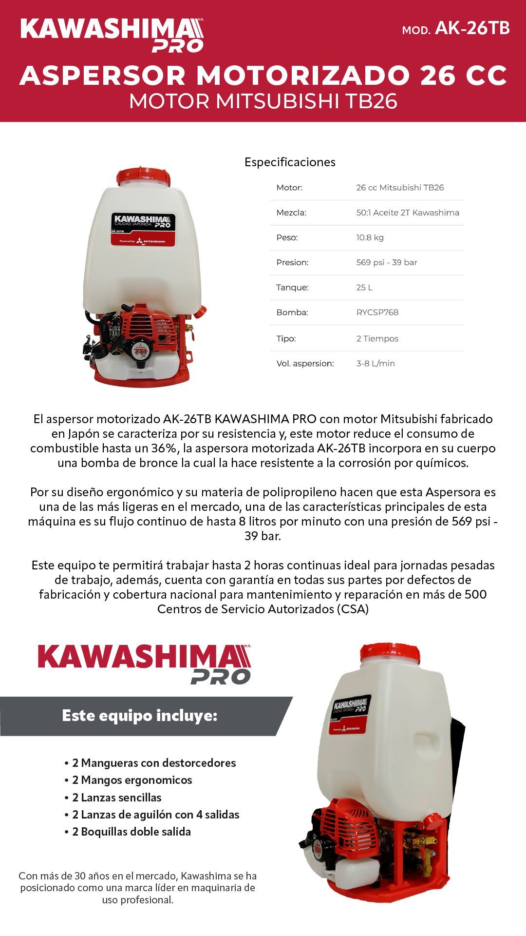 Aspersor Motorizado 26cc Mitsubishi TB26 (AK-26TB) - Imagen 2