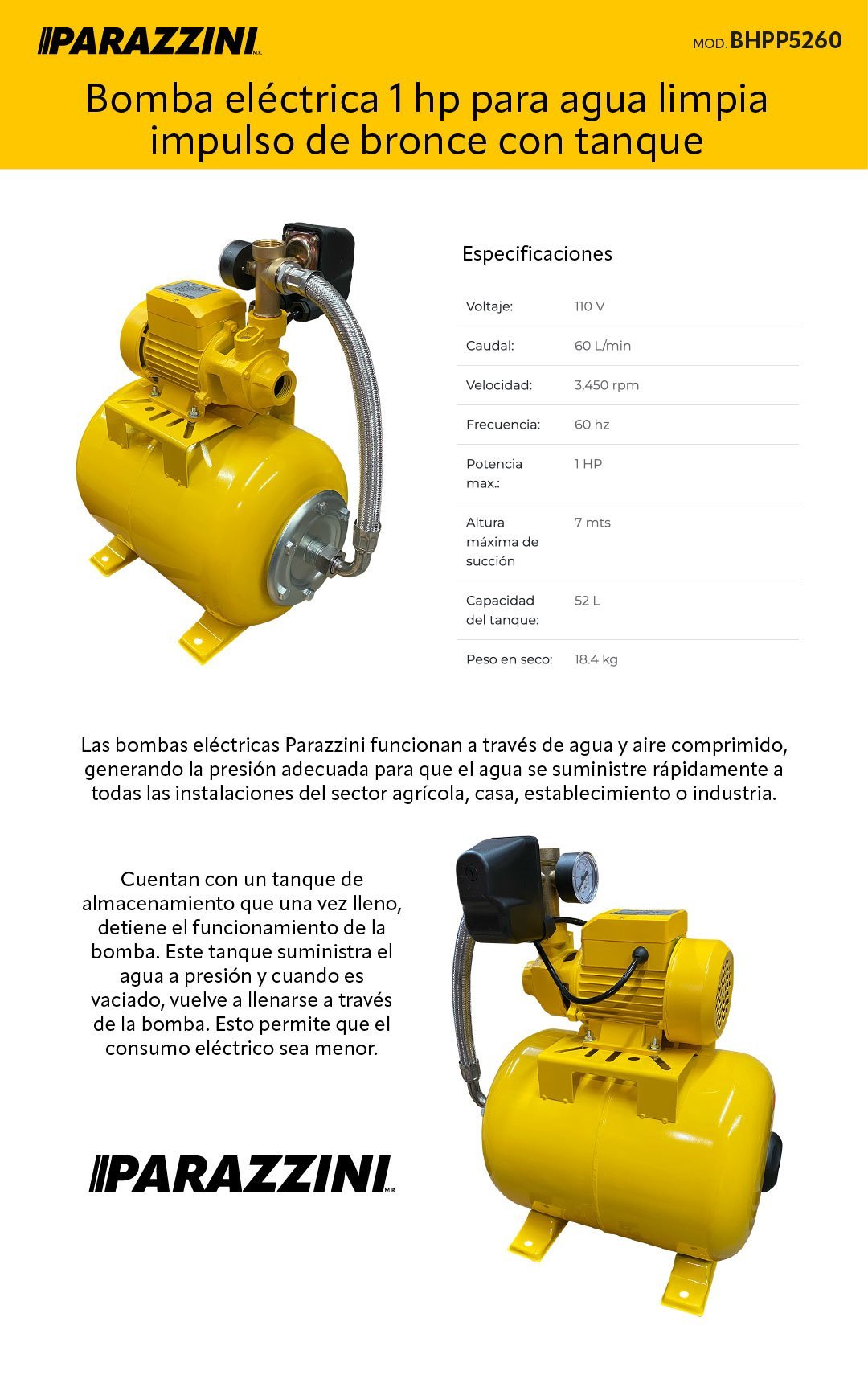 Bomba de agua eléctrica 1 hp (BHPP5260) - Imagen 2