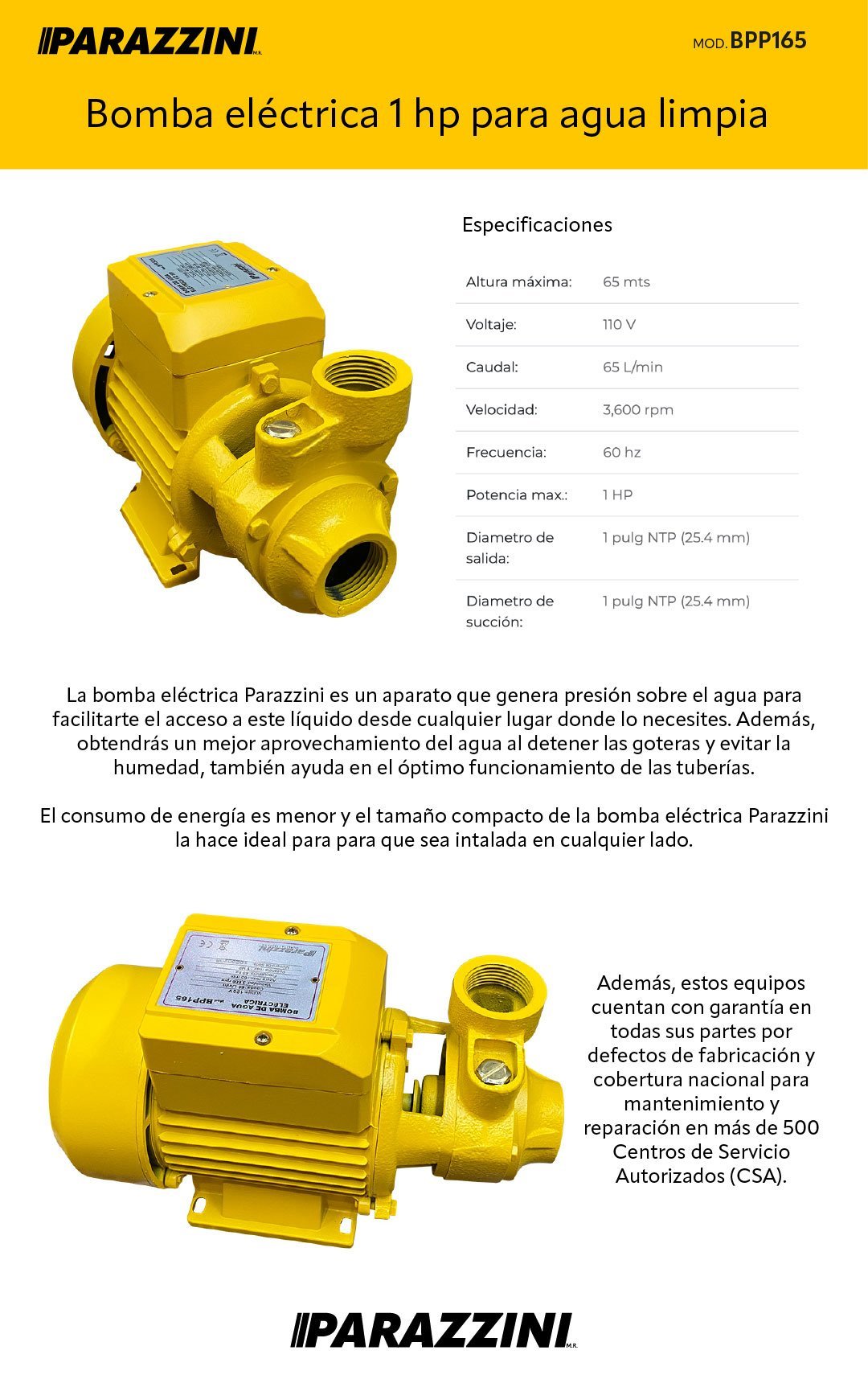 Bomba de agua eléctrica 1 hp (BPP165) - Imagen 2