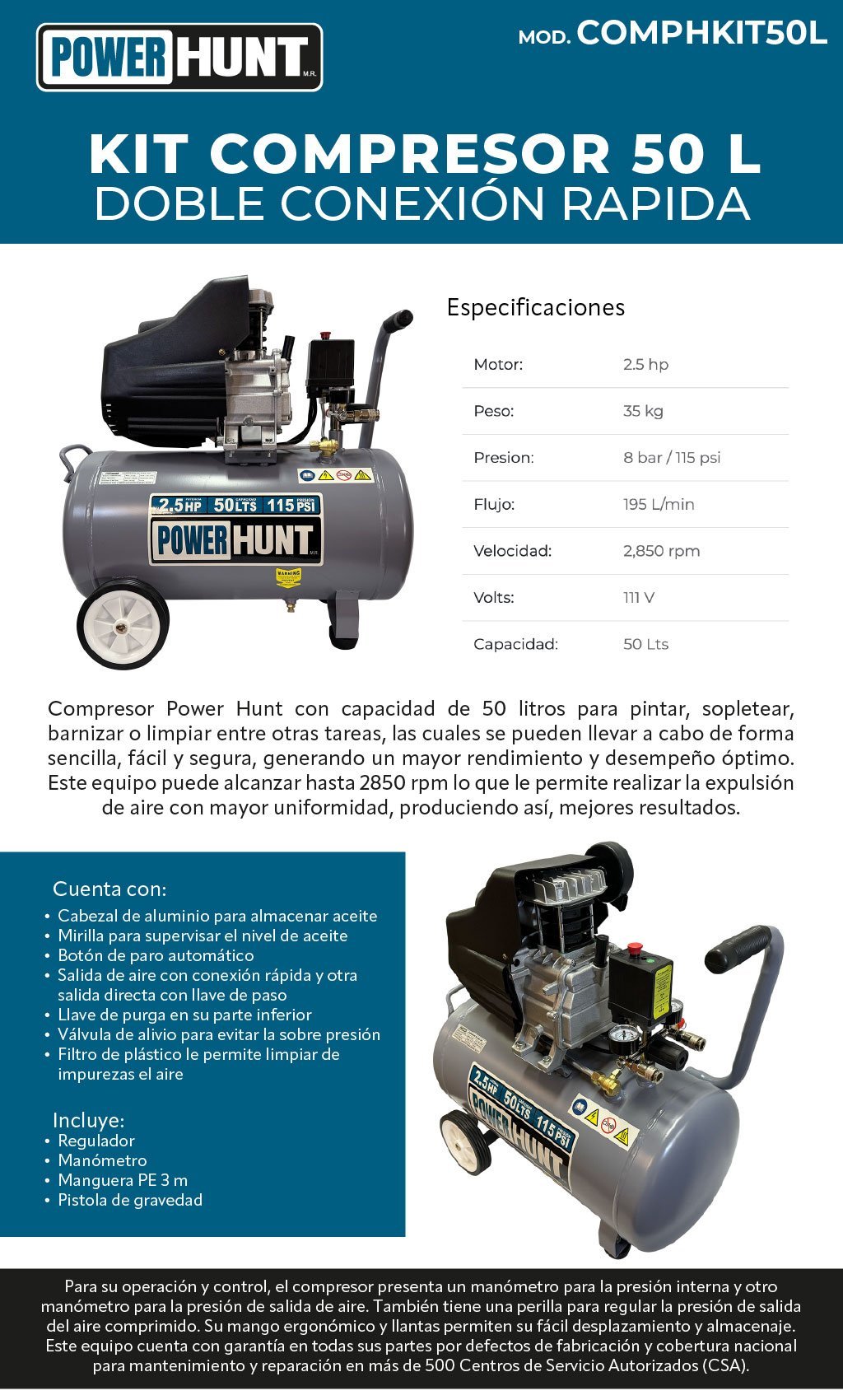 Compresor 2.5 hp 50 lts con doble conexión rápida + Kit con 20pz (boquillas manguera y conectores) (COMPHKIT50L-K20) - Imagen 6
