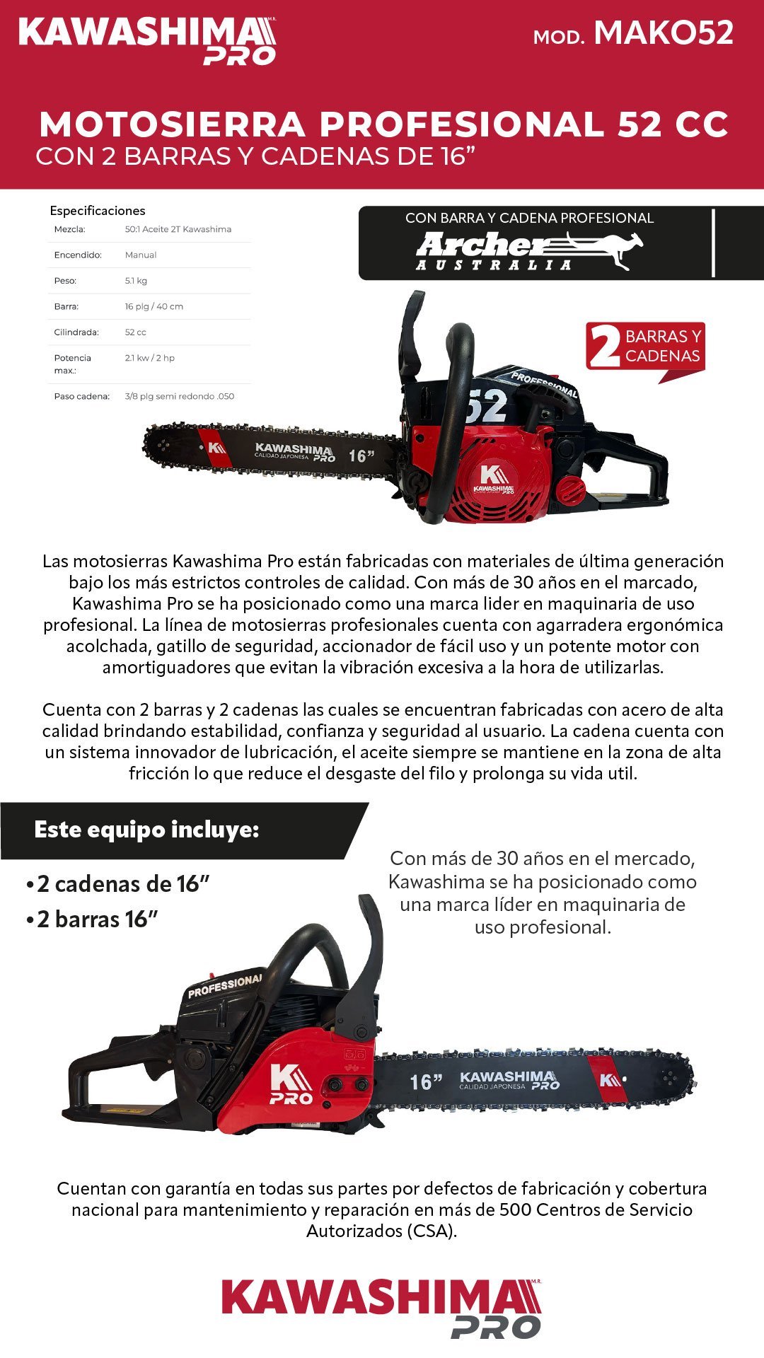 Motosierra profesional 52 cc con 2 barras y cadenas de 16 pulg (MAKO52) - Imagen 2