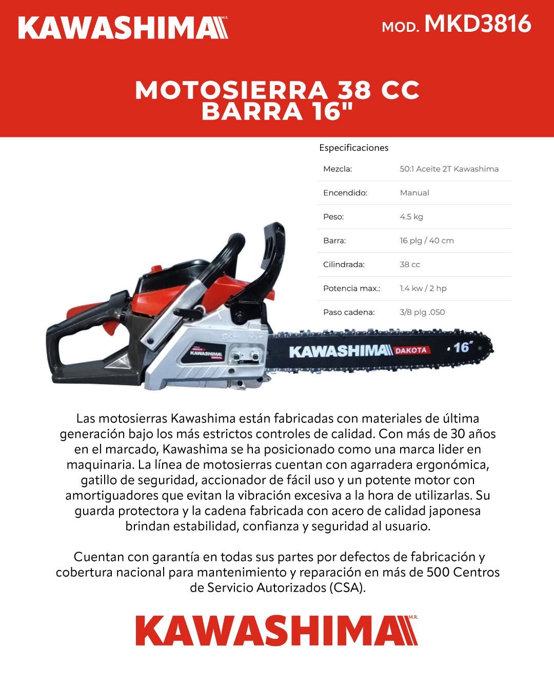 Motosierra 38 cc barra 16 pulg. (MKD3816) - Imagen 2