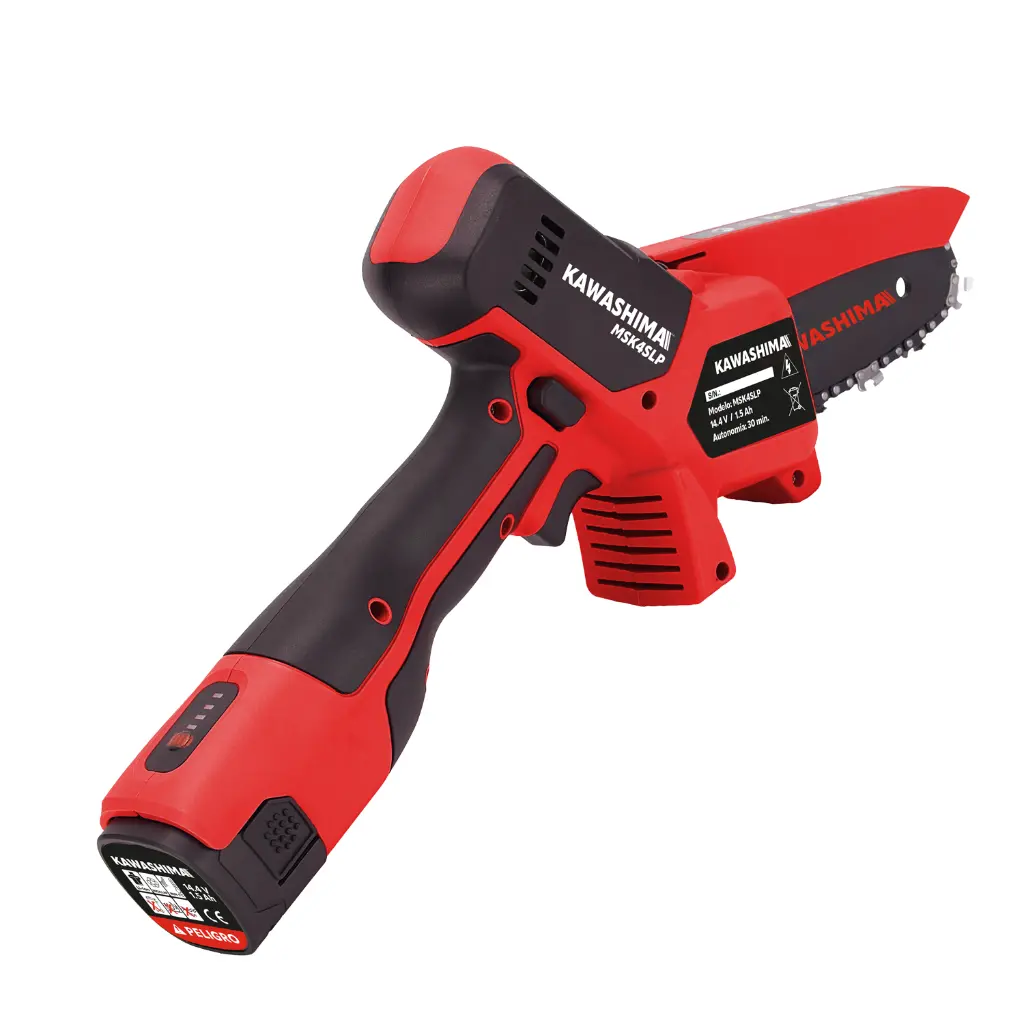 Mini Motosierra Inalámbrica Kawashima 4", 14.4/16.8V, 1.5Ah, cargador Single Line, estuche plástico